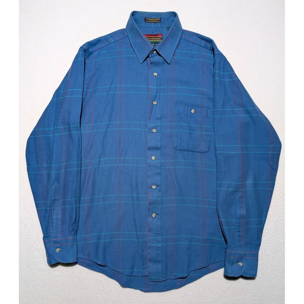 VTG Churchill Downs Plaid‎ Shirt Mens M Blue Single Needle Cotton
